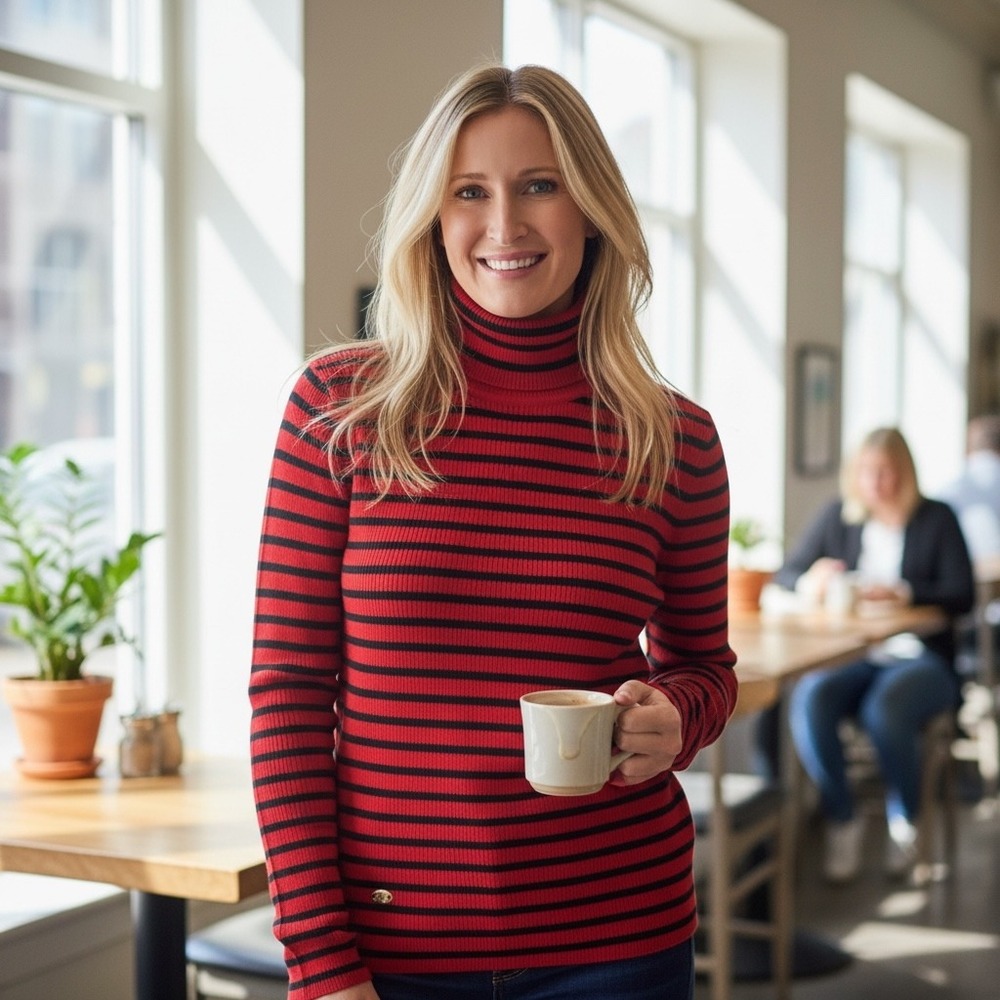 Lauren Ralph Lauren Red Black‎ Striped Ribbed Turtleneck Sweater XL Gold Logo